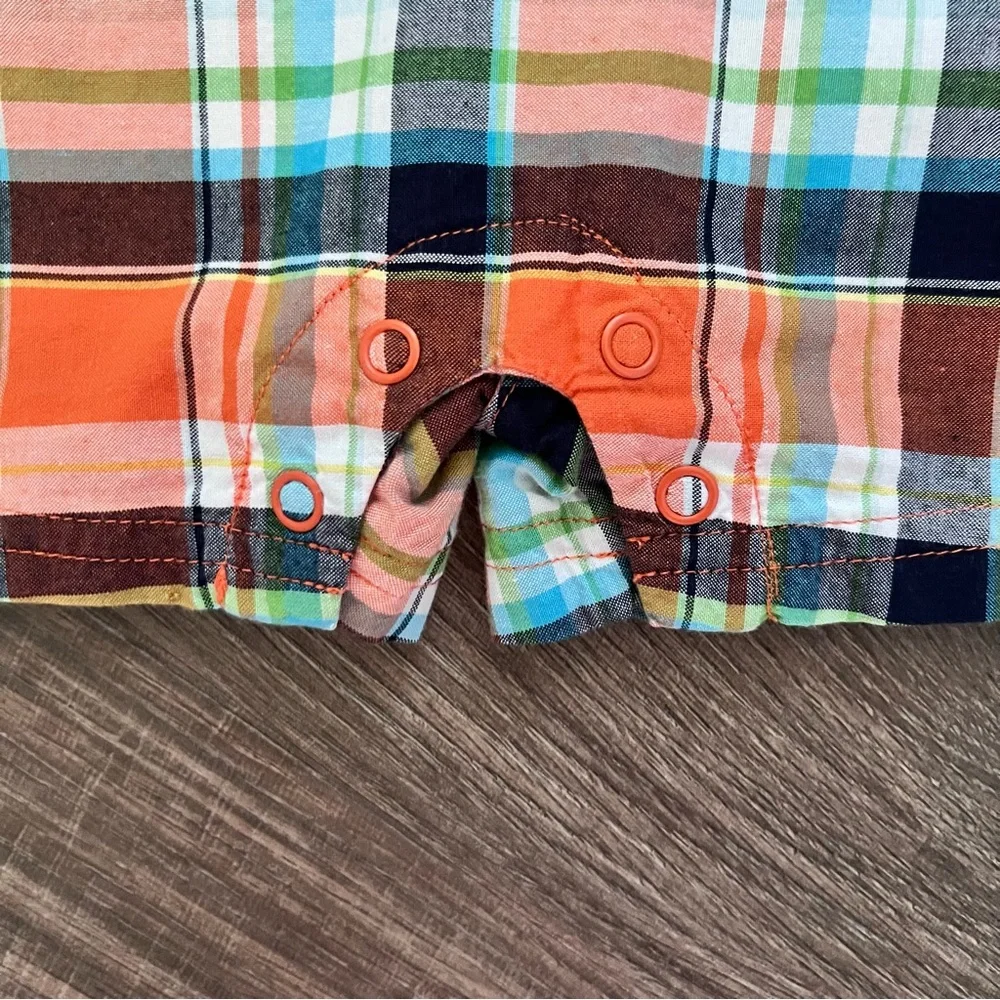🍄 3/$15 Carter’s Romper Boys 18M Orange Plaid Beach Bum Surf Graphic Cotton